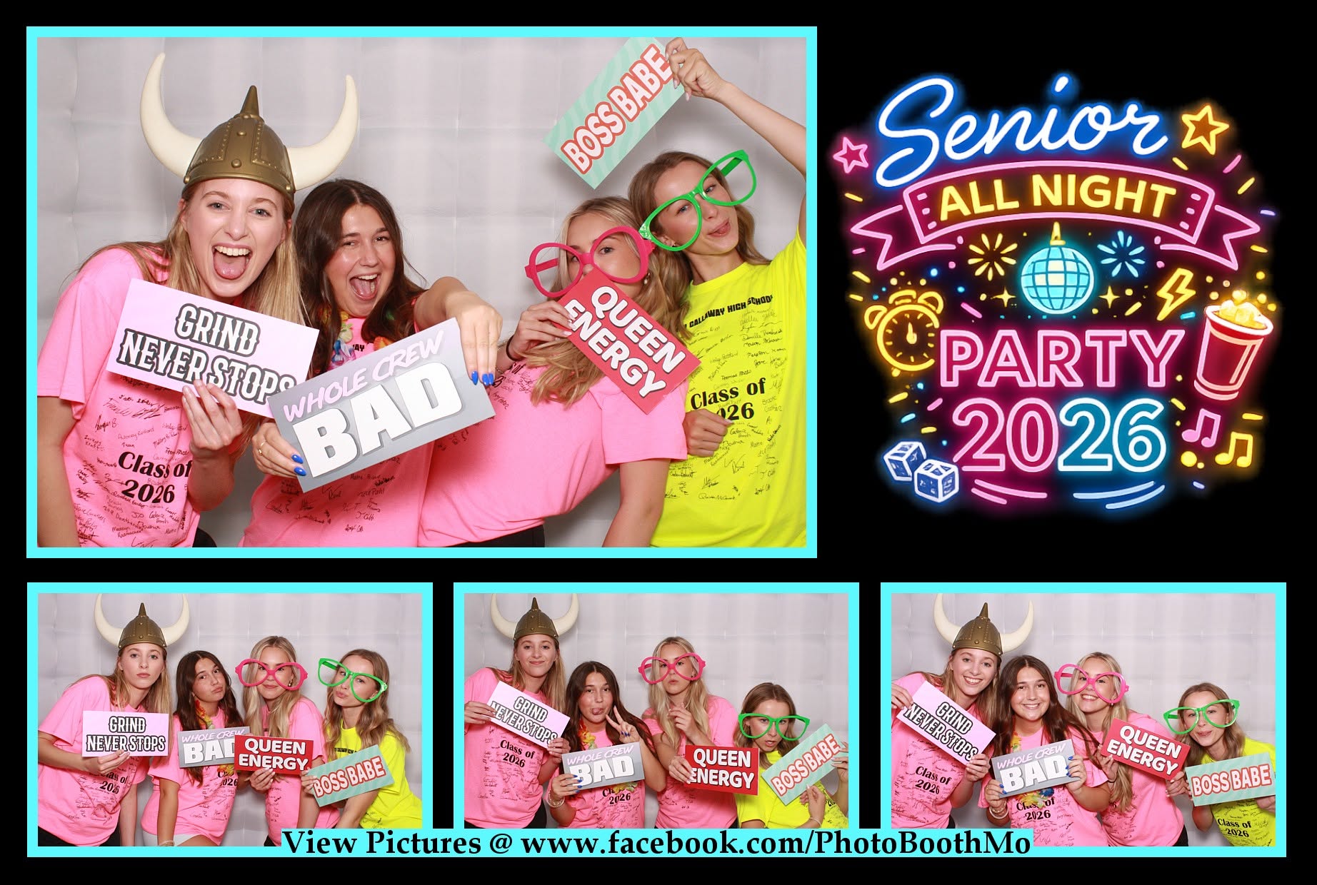 Students enjoying the FaceBooth photo booth at a senior all-night party